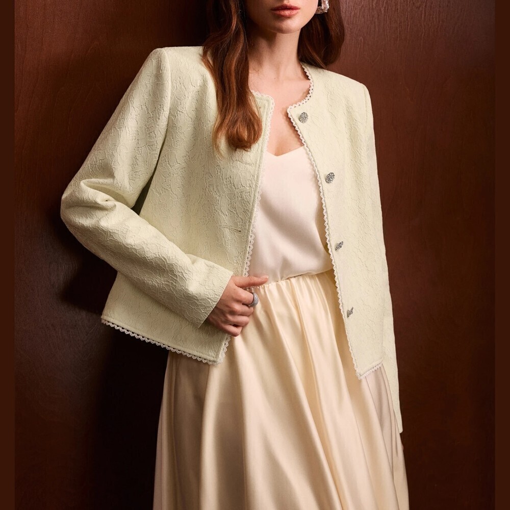 Cream Textured Lace Trim Collarless Button Front Short Jacket